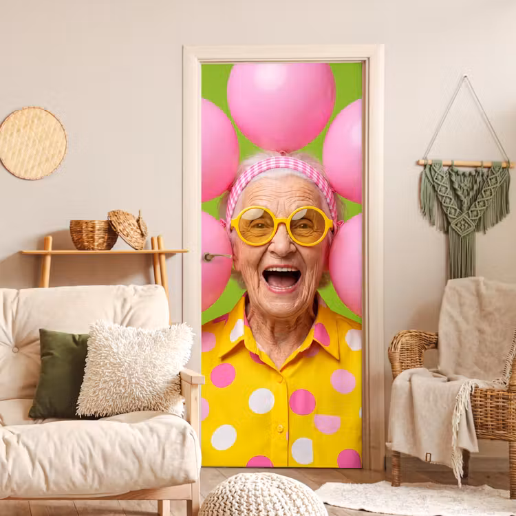 Mens - Ballonnen - Feest - Kleurrijk - Roze deurposter klein -sfeer2