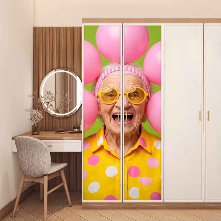 Mens - Ballonnen - Feest - Kleurrijk - Roze deurposter klein -sfeer3