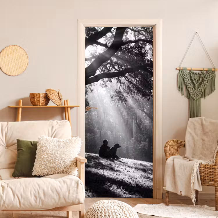 Mens - Hond - Natuur - Zwart-wit - Silhouet deurposter klein -sfeer2