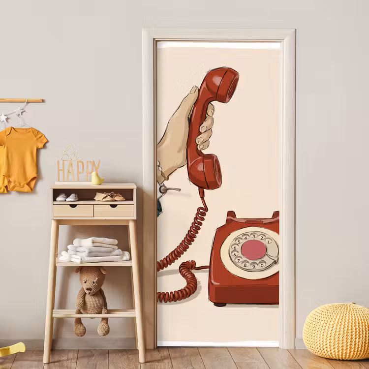 Telefoon - Hand - Vintage - Communicatie - Rood deurposter klein -sfeer4