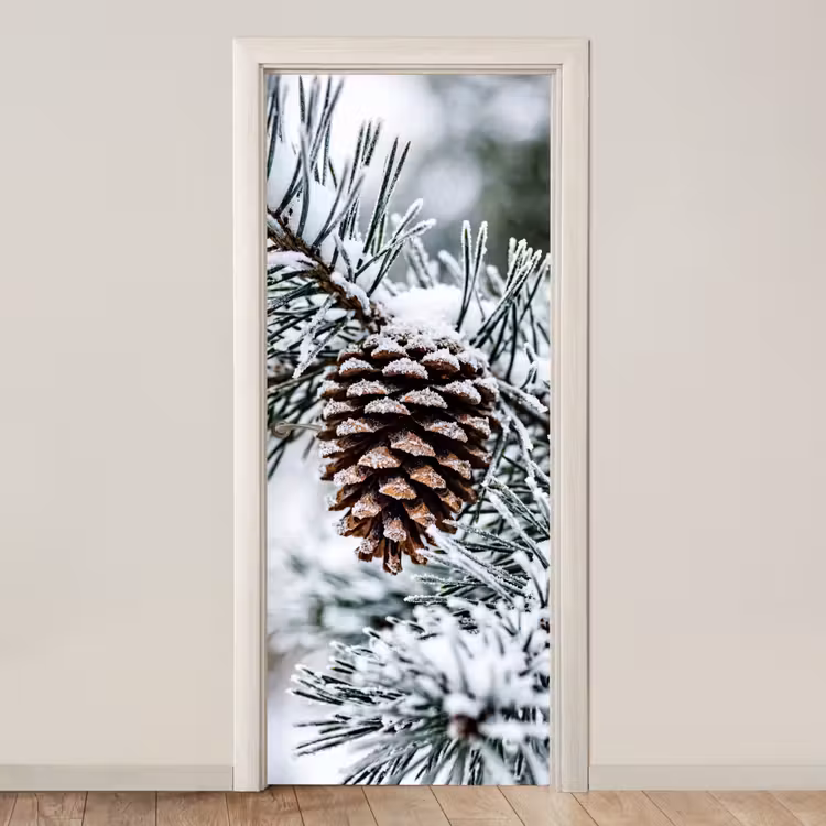 Dennenappel - Tak - Sneeuw - Winter - Sfeervol deurposter klein -3d_beige
