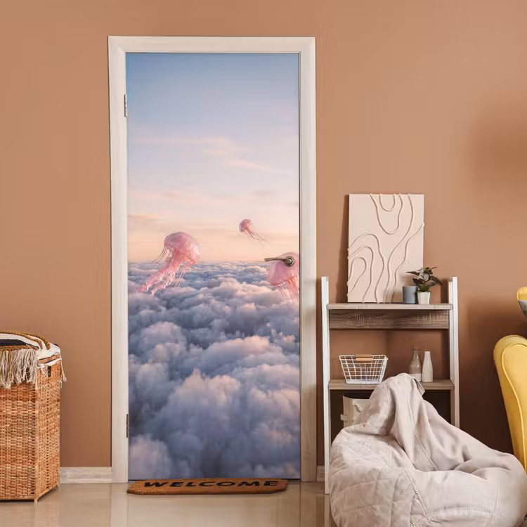 Door sticker - Pink Animal - Clouds - Roze dier - Wolken deurposter klein