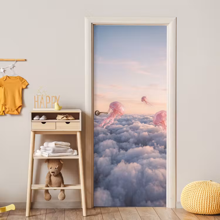 Door sticker - Pink Animal - Clouds - Roze dier - Wolken deurposter klein