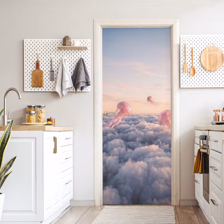 Door sticker - Pink Animal - Clouds - Roze dier - Wolken deurposter klein