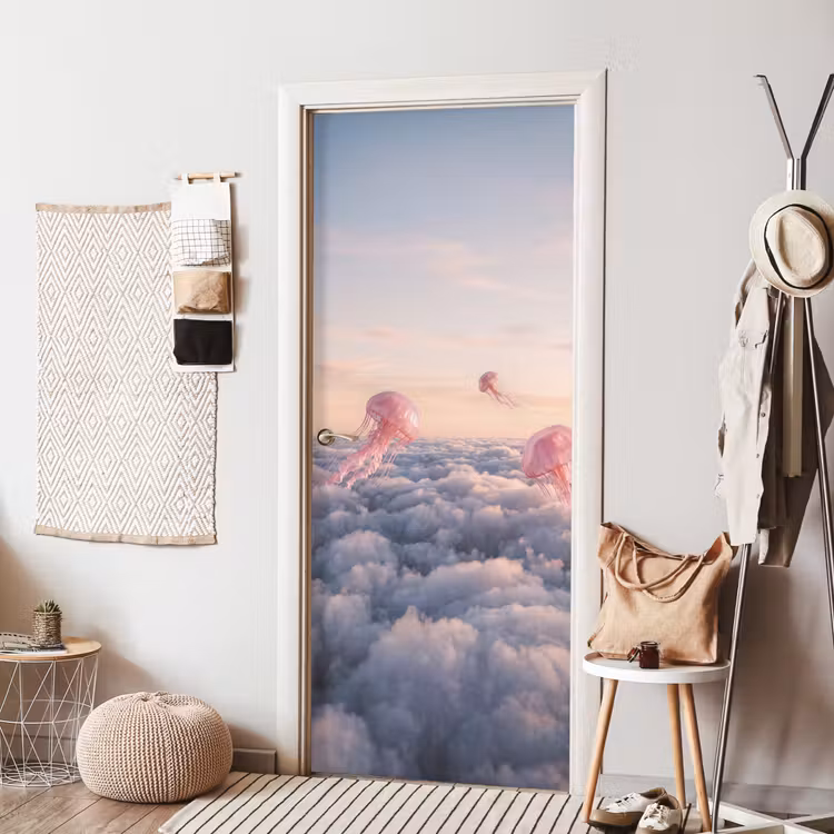 Door sticker - Pink Animal - Clouds - Roze dier - Wolken deurposter klein