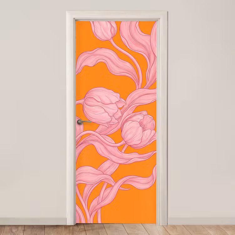 Door sticker - Pink Flowers - Modern - Roze bloemen - Modern deurposter klein