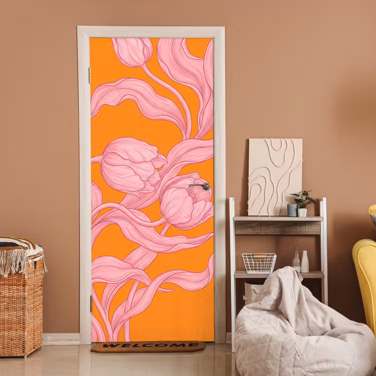 Door sticker - Pink Flowers - Modern - Roze bloemen - Modern deurposter klein