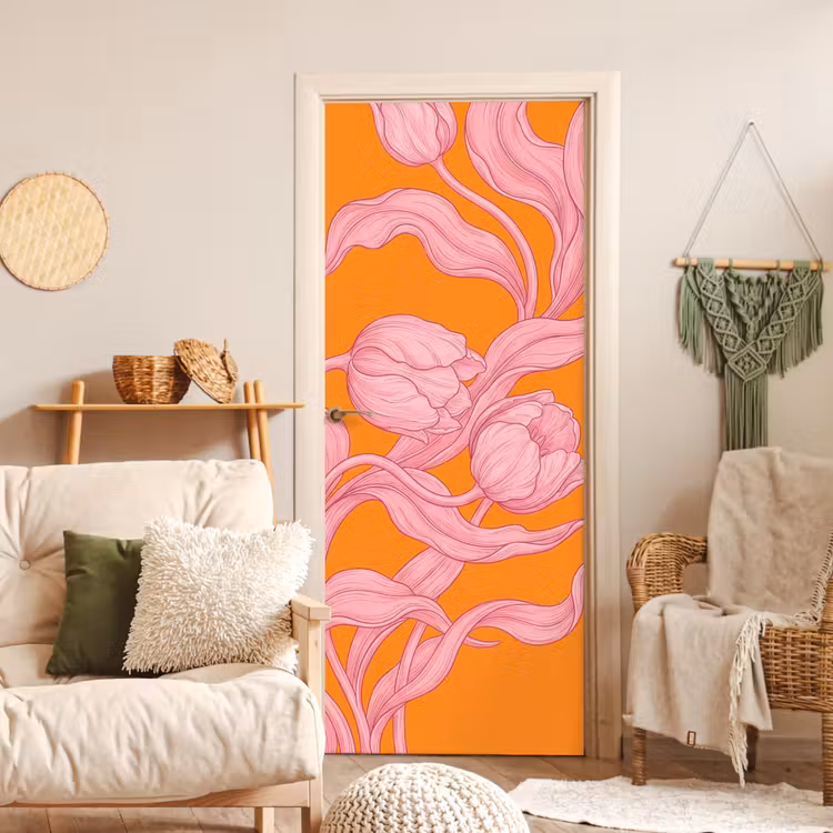 Door sticker - Pink Flowers - Modern - Roze bloemen - Modern deurposter klein