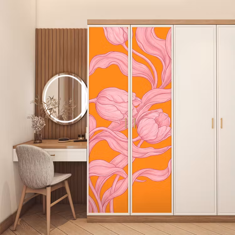 Door sticker - Pink Flowers - Modern - Roze bloemen - Modern deurposter klein