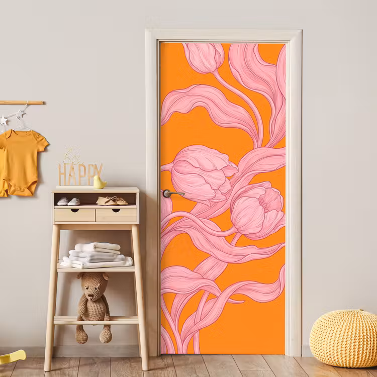 Door sticker - Pink Flowers - Modern - Roze bloemen - Modern deurposter klein
