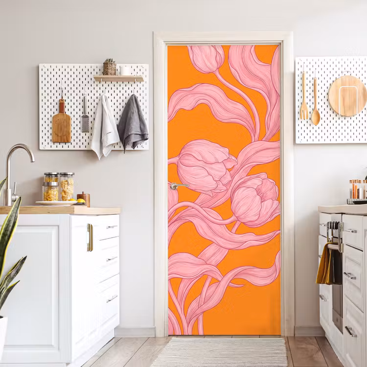 Door sticker - Pink Flowers - Modern - Roze bloemen - Modern deurposter klein