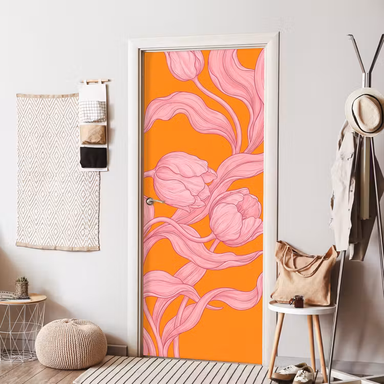 Door sticker - Pink Flowers - Modern - Roze bloemen - Modern deurposter klein
