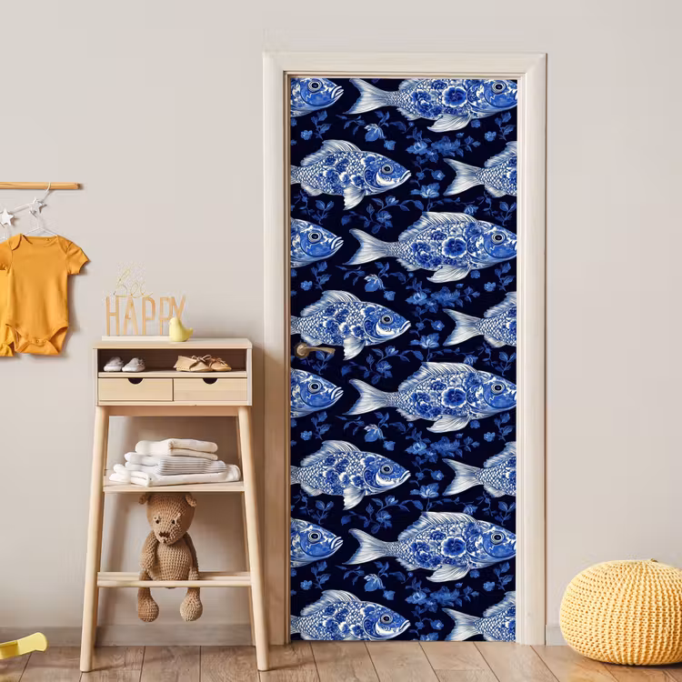 Vissen - Bloemen - Blauw deurposter klein 289 -sfeer4