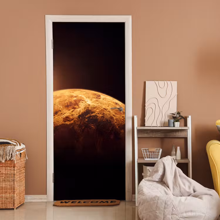 Door sticker - Planet - Space - Orange - Planeet - Ruimte - Oranje deurposter klein