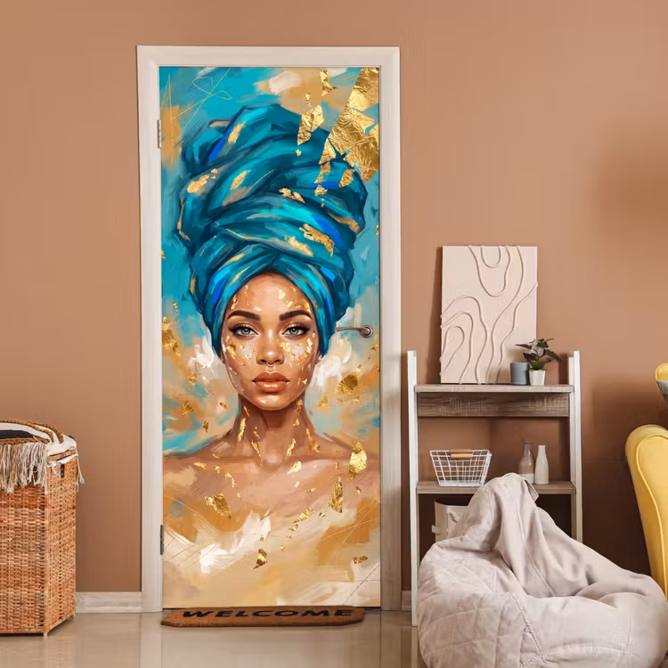 Portret - Vrouw - Schilderij - Blauw - Goud - Expressief deurposter klein -sfeer1