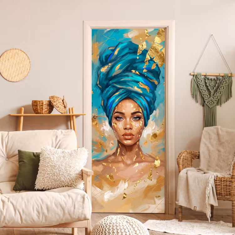 Portret - Vrouw - Schilderij - Blauw - Goud - Expressief deurposter klein -sfeer2