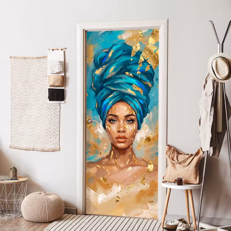 Portret - Vrouw - Schilderij - Blauw - Goud - Expressief deurposter klein -sfeer6