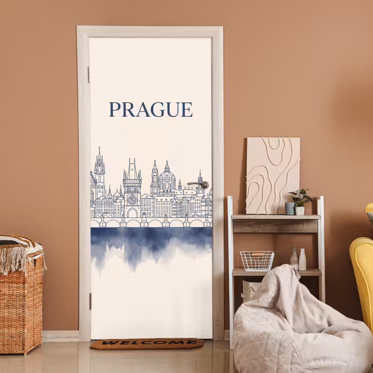 Praag - Skyline - Architectuur - Blauw deurposter klein -sfeer1
