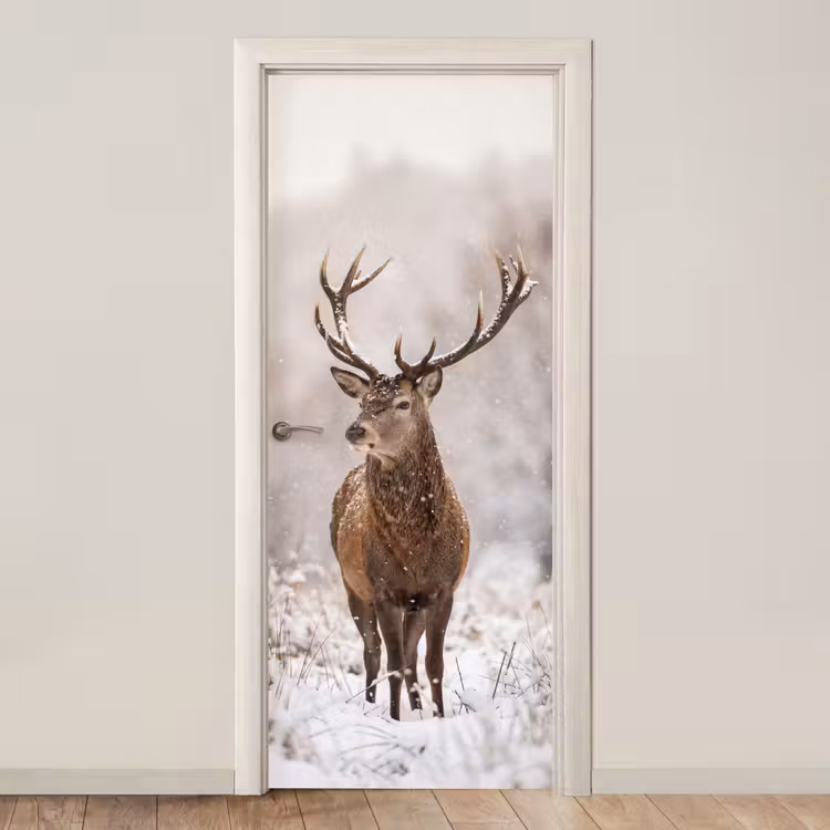 Edelhert - Bos - Sneeuw - Winter - Majestueus deurposter klein -3d_beige