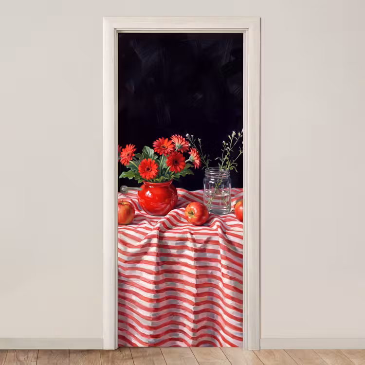 Door sticker - Red Flowers - Vase - Rode bloemen - Vaas deurposter klein