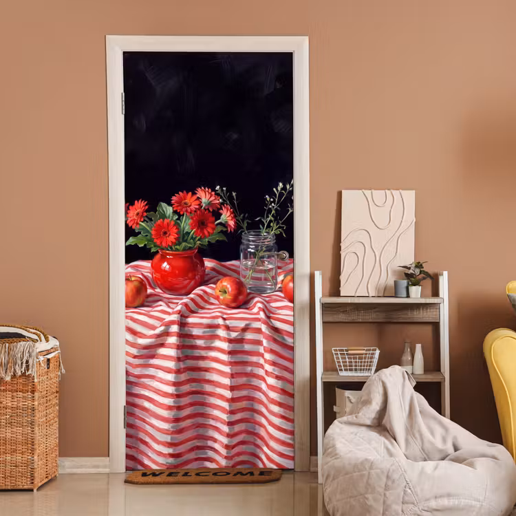 Door sticker - Red Flowers - Vase - Rode bloemen - Vaas deurposter klein