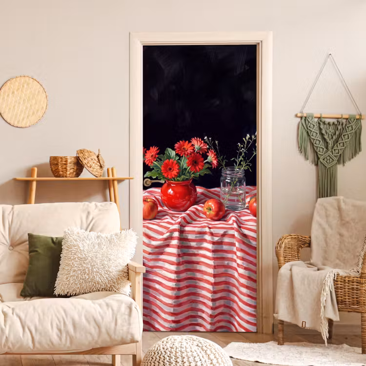 Door sticker - Red Flowers - Vase - Rode bloemen - Vaas deurposter klein
