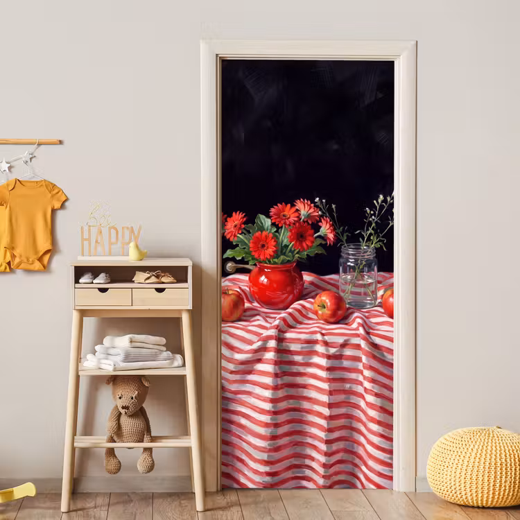 Door sticker - Red Flowers - Vase - Rode bloemen - Vaas deurposter klein