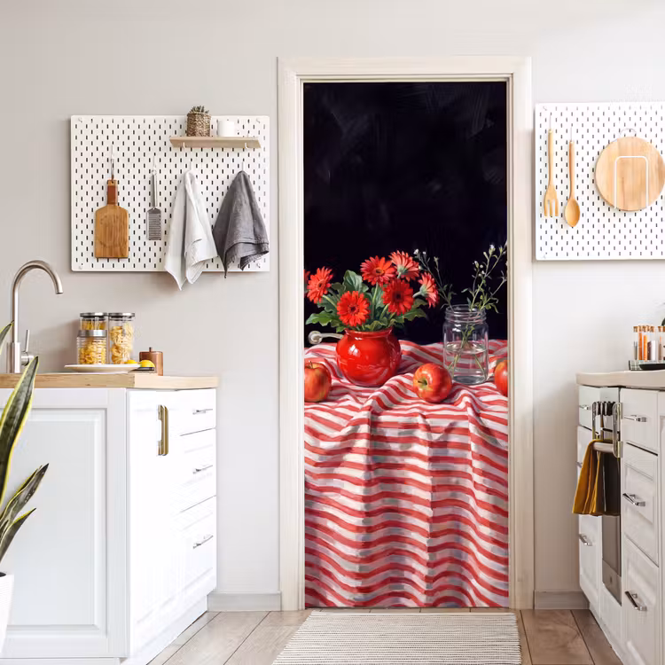 Door sticker - Red Flowers - Vase - Rode bloemen - Vaas deurposter klein