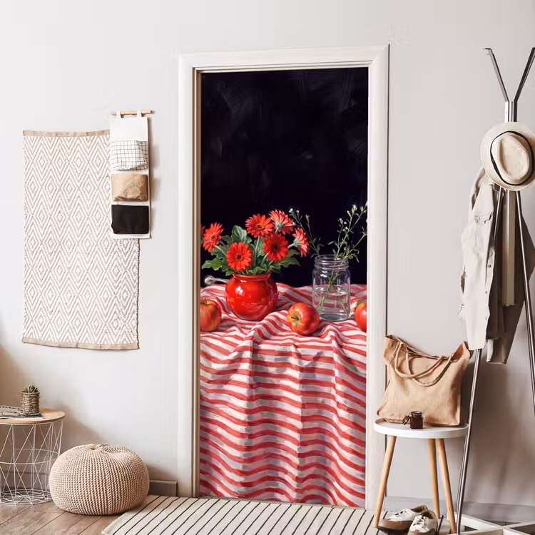 Door sticker - Red Flowers - Vase - Rode bloemen - Vaas deurposter klein