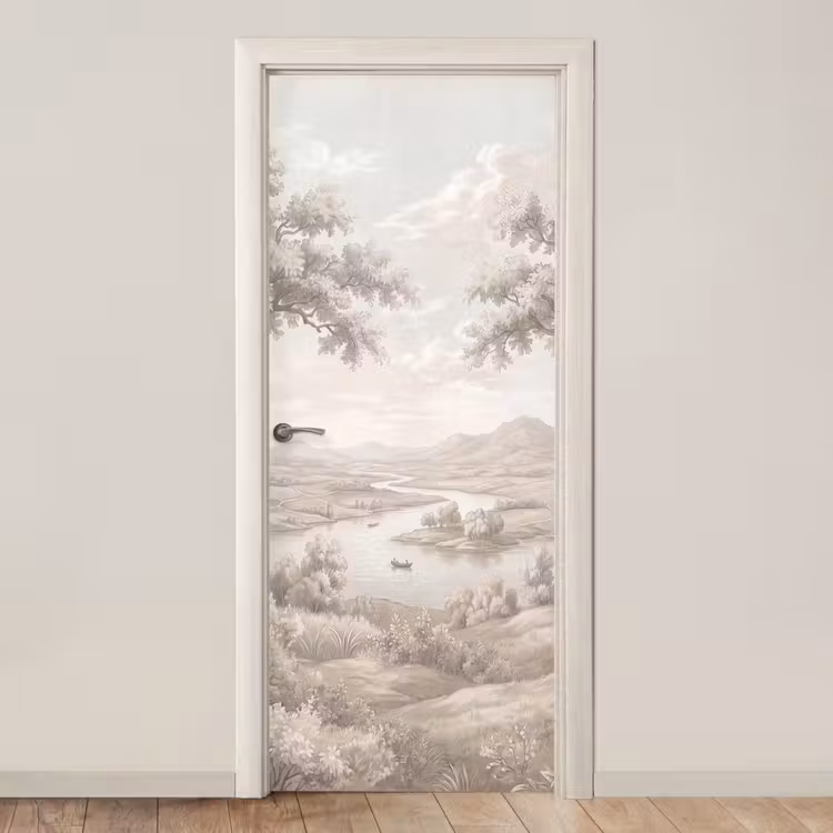 Rivierlandschap - Bergen - Natuur - Vintage - Beige deurposter klein -3d_beige