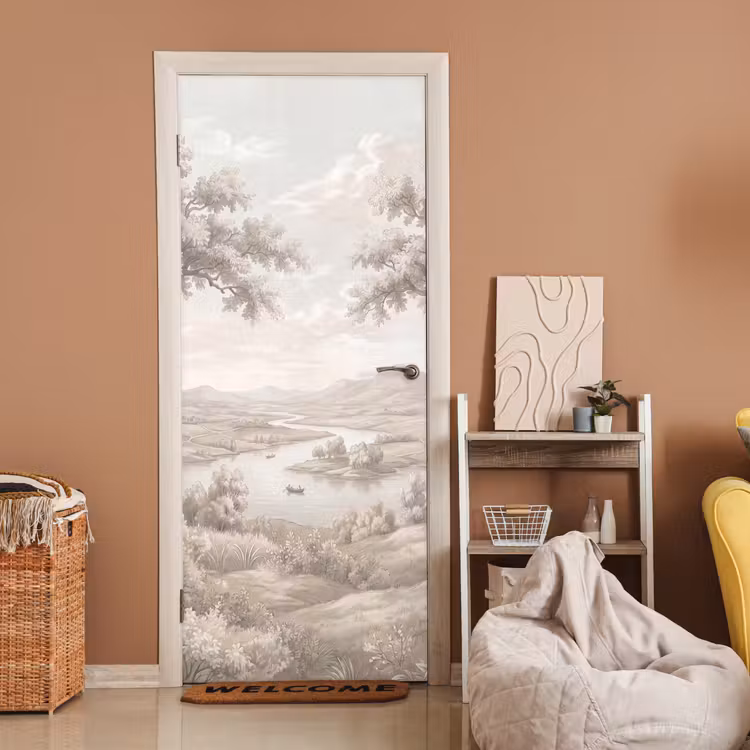 Rivierlandschap - Bergen - Natuur - Vintage - Beige deurposter klein -sfeer1