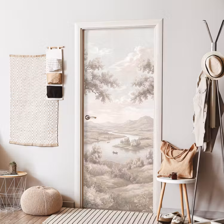Rivierlandschap - Bergen - Natuur - Vintage - Beige deurposter klein -sfeer6