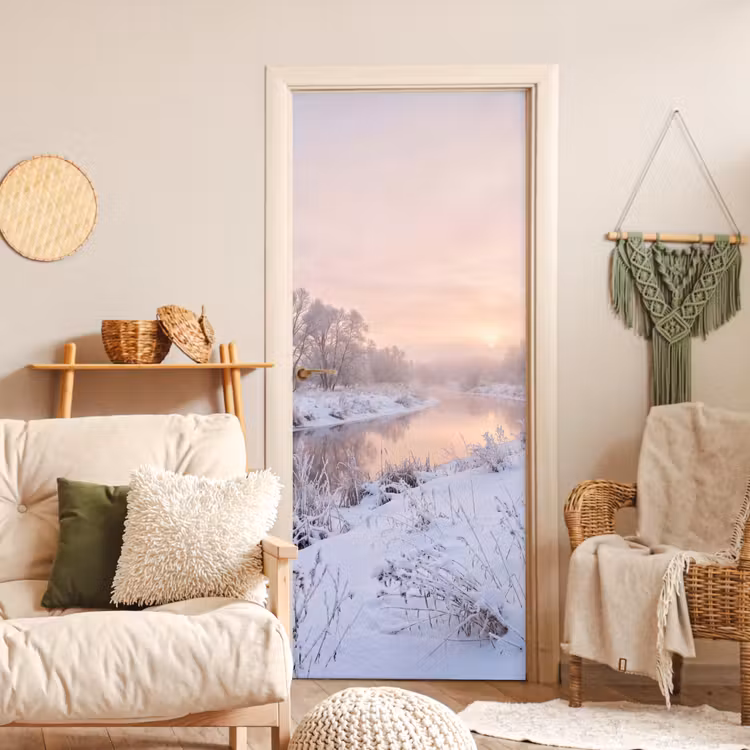 Rivier - Winter - Landschap - Sneeuw - Zonsopgang deurposter klein -sfeer2