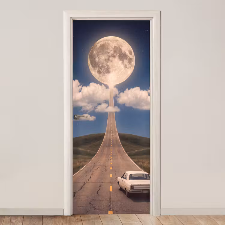 Door sticker - Road - Moon - Night - Weg - Maan - Nacht deurposter klein