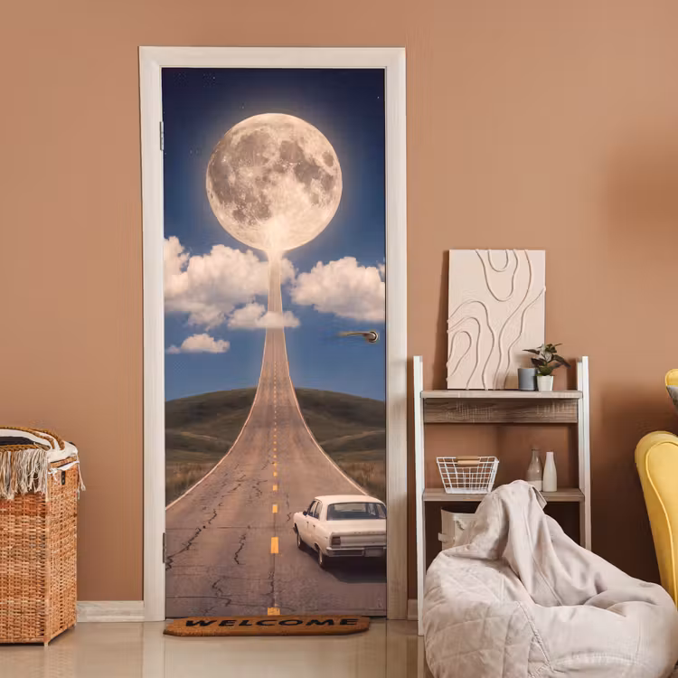 Door sticker - Road - Moon - Night - Weg - Maan - Nacht deurposter klein