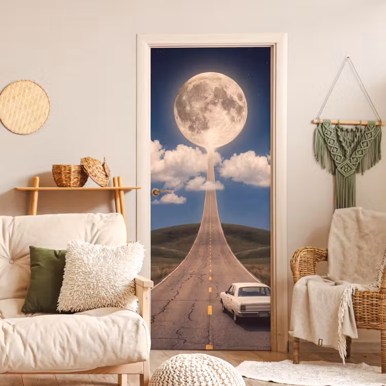 Door sticker - Road - Moon - Night - Weg - Maan - Nacht deurposter klein