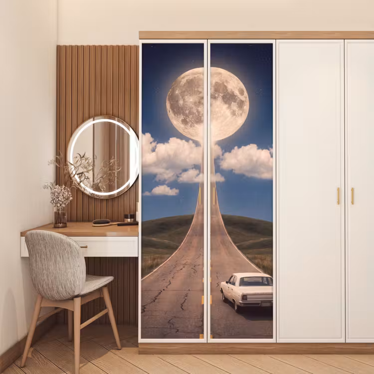 Door sticker - Road - Moon - Night - Weg - Maan - Nacht deurposter klein