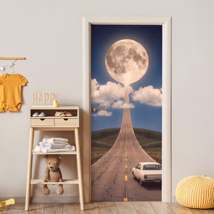 Door sticker - Road - Moon - Night - Weg - Maan - Nacht deurposter klein