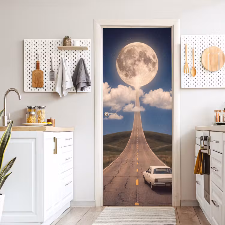 Door sticker - Road - Moon - Night - Weg - Maan - Nacht deurposter klein