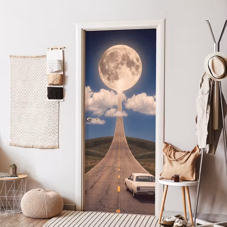 Door sticker - Road - Moon - Night - Weg - Maan - Nacht deurposter klein