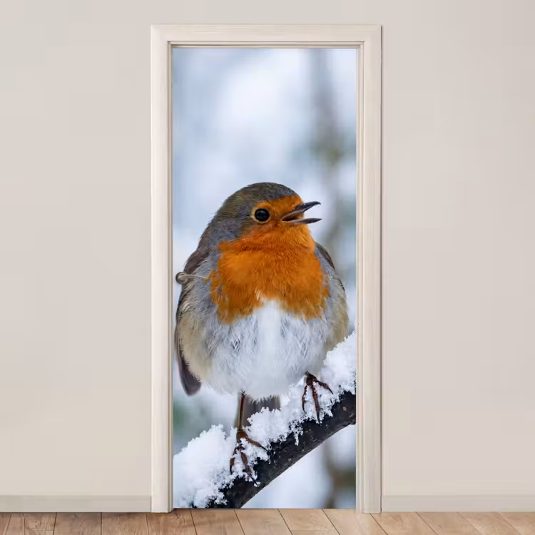 Roodborstje - Tak - Sneeuw - Winter - Levendig deurposter klein -3d_beige