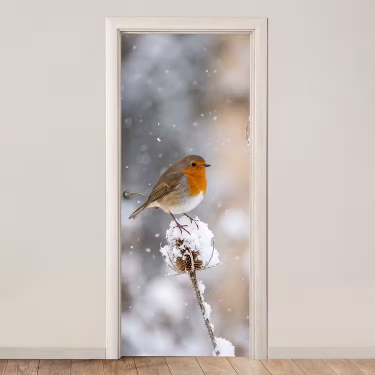 Roodborstje - Gedroogde bloem - Sneeuw - Winter - Vertederend deurposter klein -3d_beige