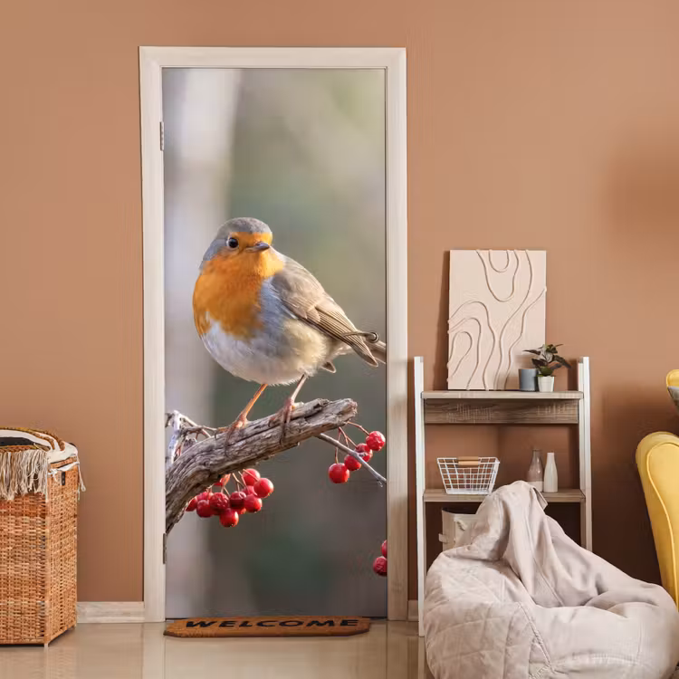 Roodborst - Tak - Bessen - Natuur deurposter klein -sfeer1