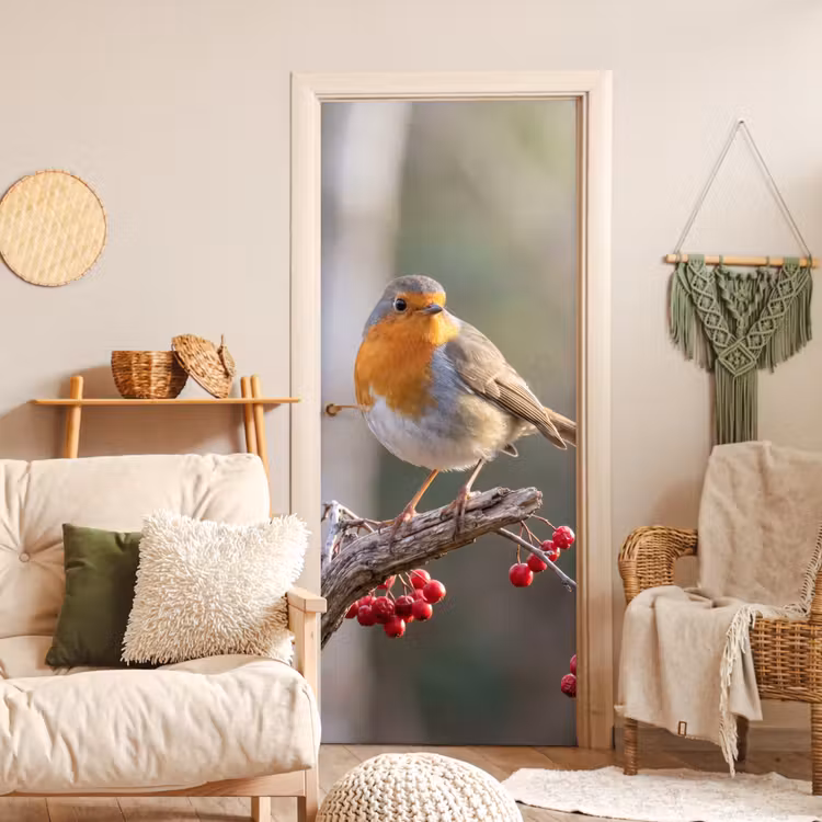Roodborst - Tak - Bessen - Natuur deurposter klein -sfeer2