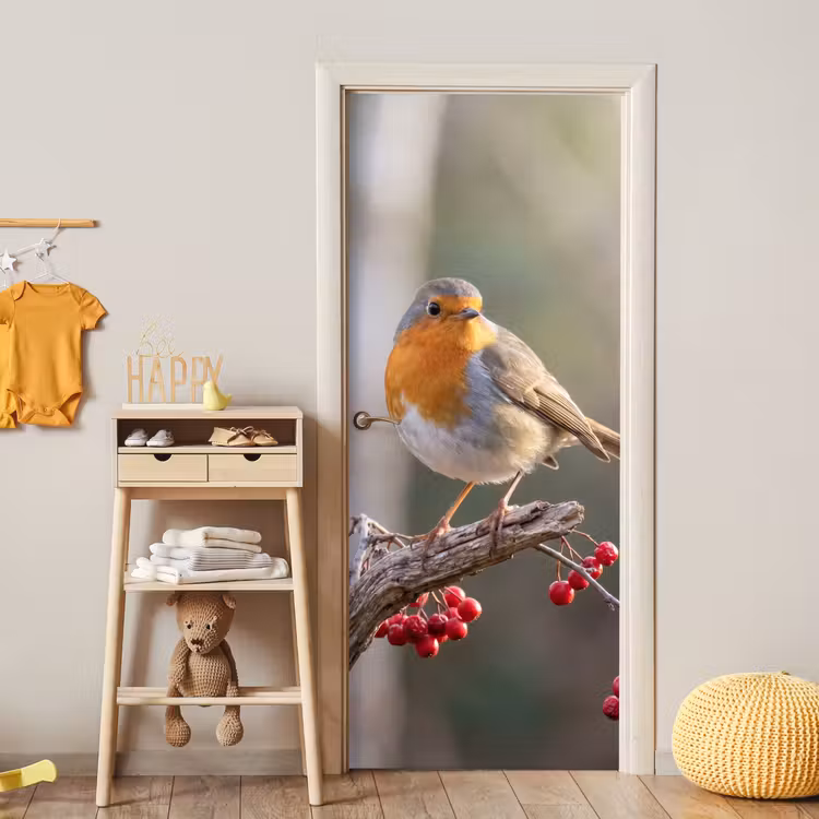 Roodborst - Tak - Bessen - Natuur deurposter klein -sfeer4