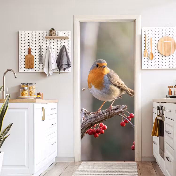 Roodborst - Tak - Bessen - Natuur deurposter klein -sfeer5