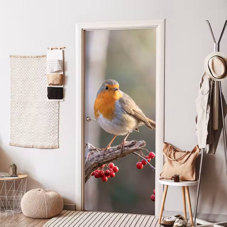Roodborst - Tak - Bessen - Natuur deurposter klein -sfeer6