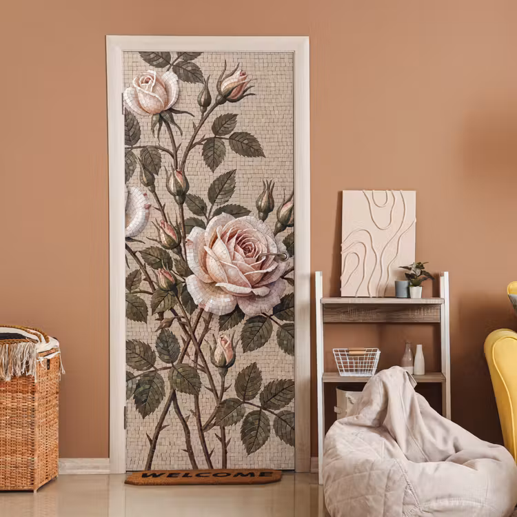 Roos - Mozaïek - Bloemen - Klassiek - Beige deurposter klein -sfeer1