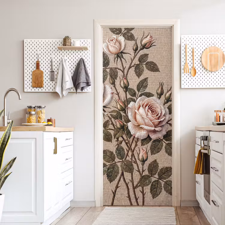 Roos - Mozaïek - Bloemen - Klassiek - Beige deurposter klein -sfeer5