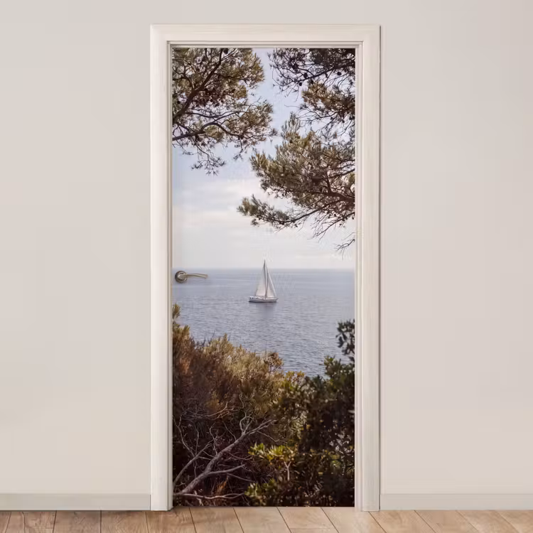 Door sticker - Sailboat - trees - water - Zeilboot - bomen - water deurposter klein